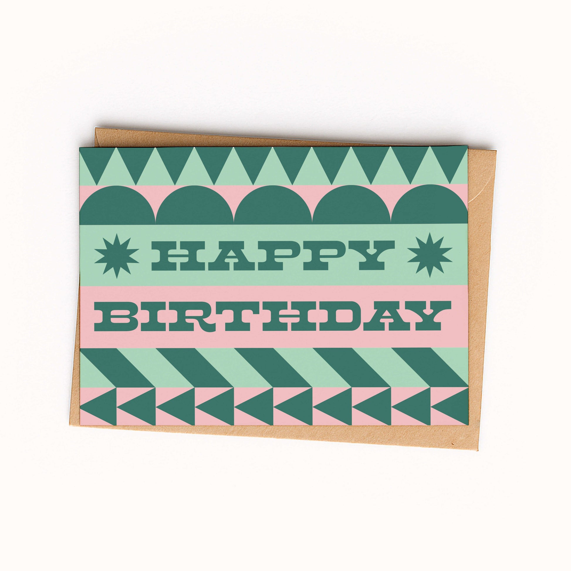 Geometric patterned birthday card with 'Happy Birthday' text on a white background
