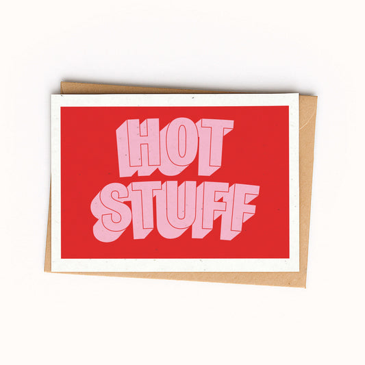 Greeting card with 'Hot Stuff' text on a red background