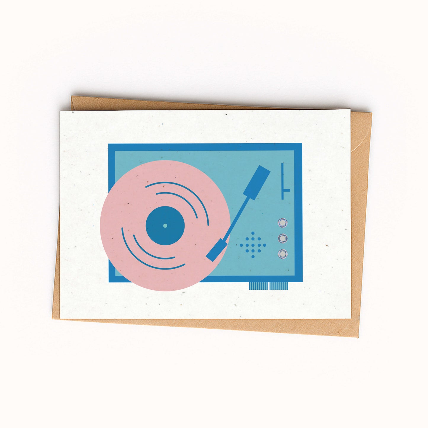 Greeting card with a vinyl record and turntable illustration on a white background