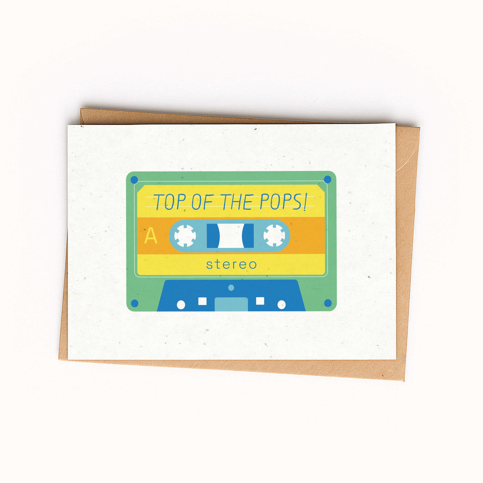 Greeting card with a cassette tape design on a white background. Card reads 'Top of the Pops'
