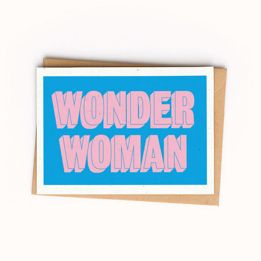 Greeting card with 'Wonder Woman' text on a blue background